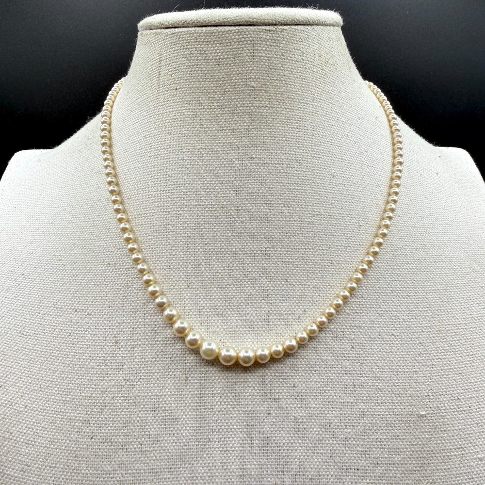 Graduated Cream Faux Pearl Necklace Single Strand Filigree Clasp Classic Jewelry